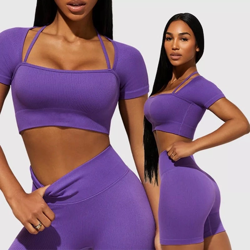 5PCS Ribbed High quality/High cost performance Working out Set Body Shaping Training Apparel for Women, Custom Seamless Sportswear Fitness Top + Yoga Shorts + Leggings Gym Wear