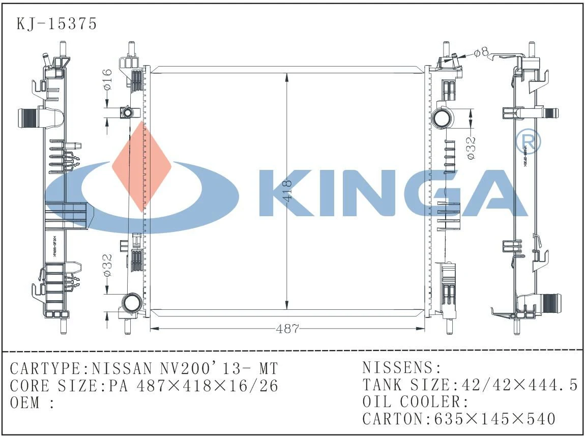 Radiador de Nissan NV200 13-Mt Auto piezas de repuesto coche Sistema de refrigeración