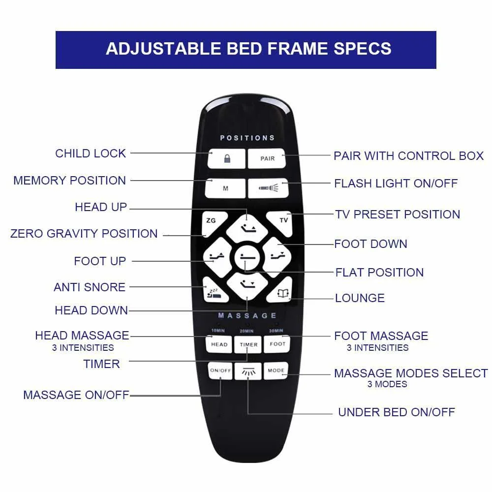 Cama plegable eléctrica ajustable de masaje de tamaño queen con separación cero