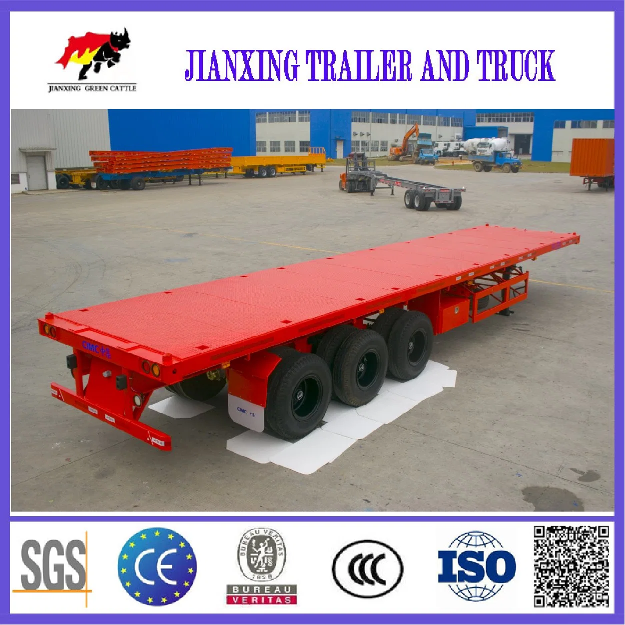 Heavy Duty Jiannxing 40 pieds à plat 3 lit 4 essieux 20ft 40ft 50ft 60FT conteneur semi remorque de camion à plat pour la vente