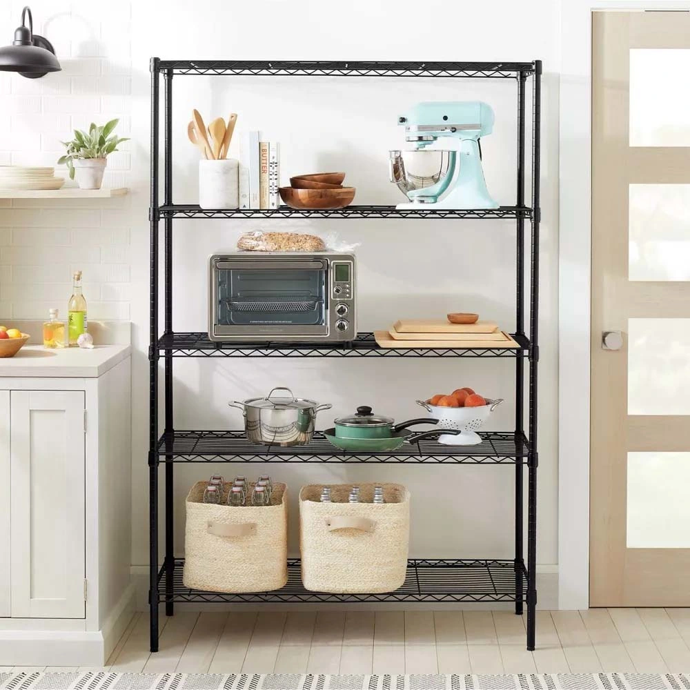 Movable 5 Tiers Classical Black Powder Coating Steel Wire Shelving