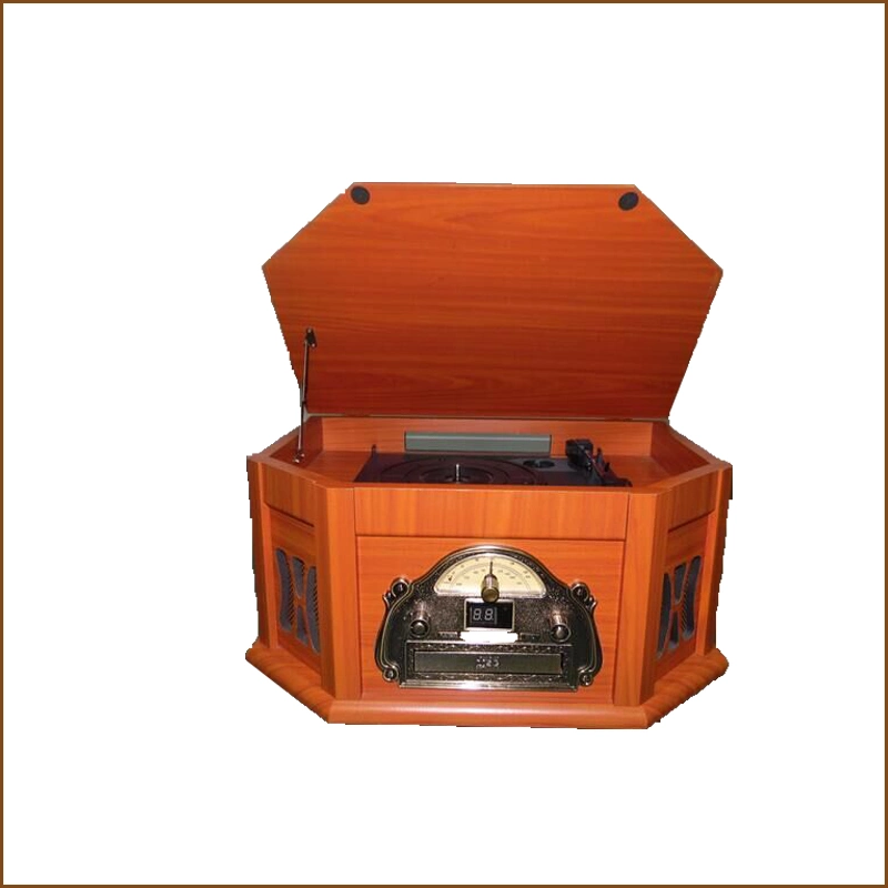 Disques Gramophone et multi-plateau en bois avec entrée auxiliaire, lecteur de CD, radio et cassette FM