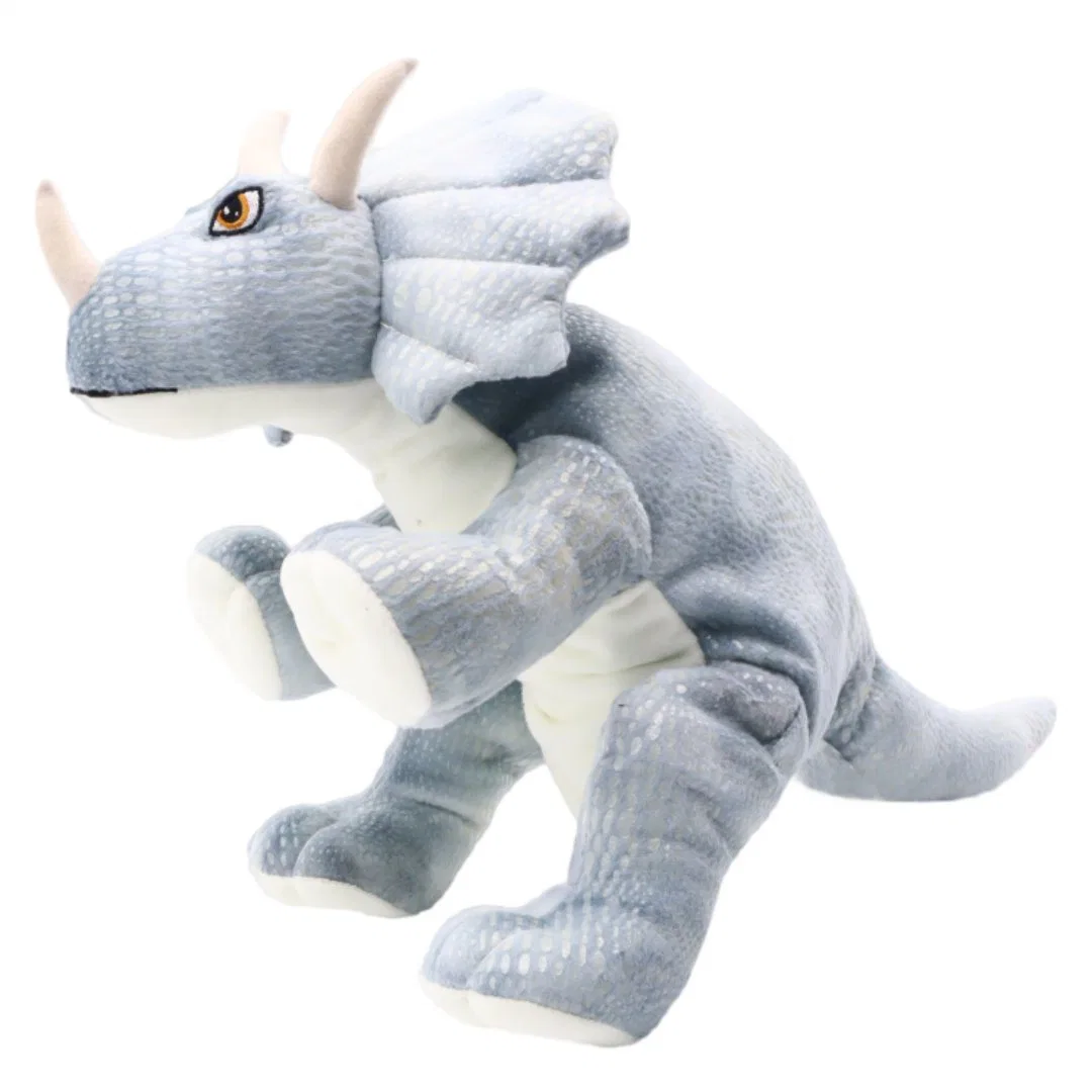 Commerce de gros de jouets en peluche gris Dinos poupée marionnette Kids Soft animal en peluche Dragon réalistes Cute dinosaure Triceratops en période jurassique 25cm marionnettes à main