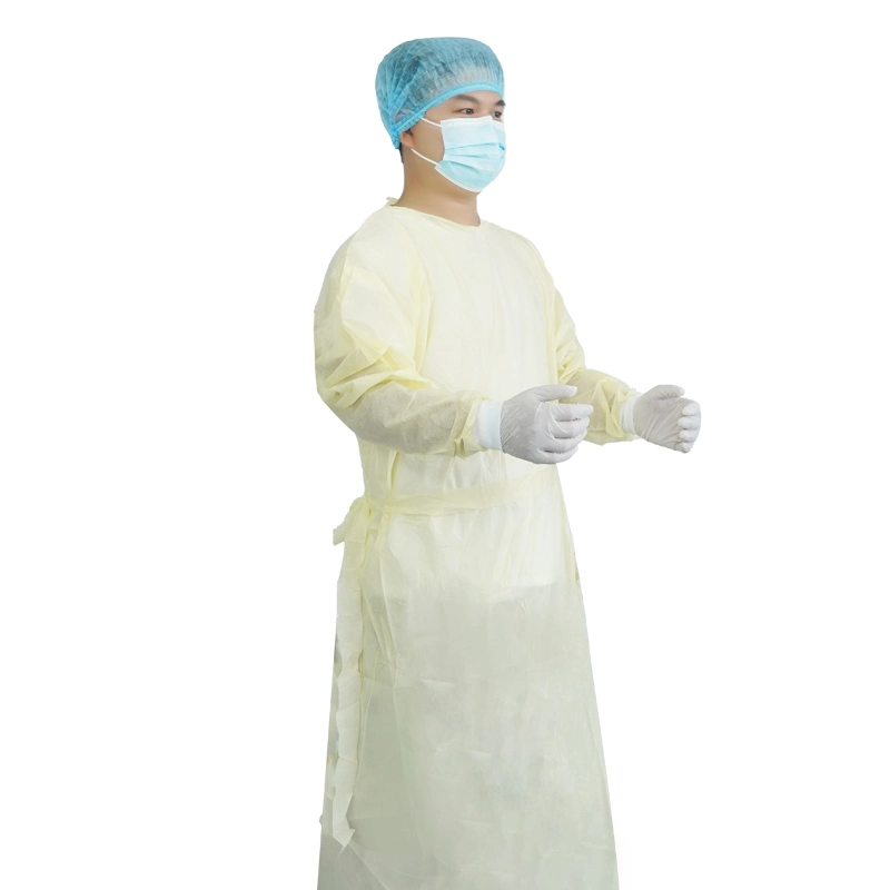 China Supply of Disposable PP+PE Isolation Gown Fluid Resistant Protective Gown in Stock