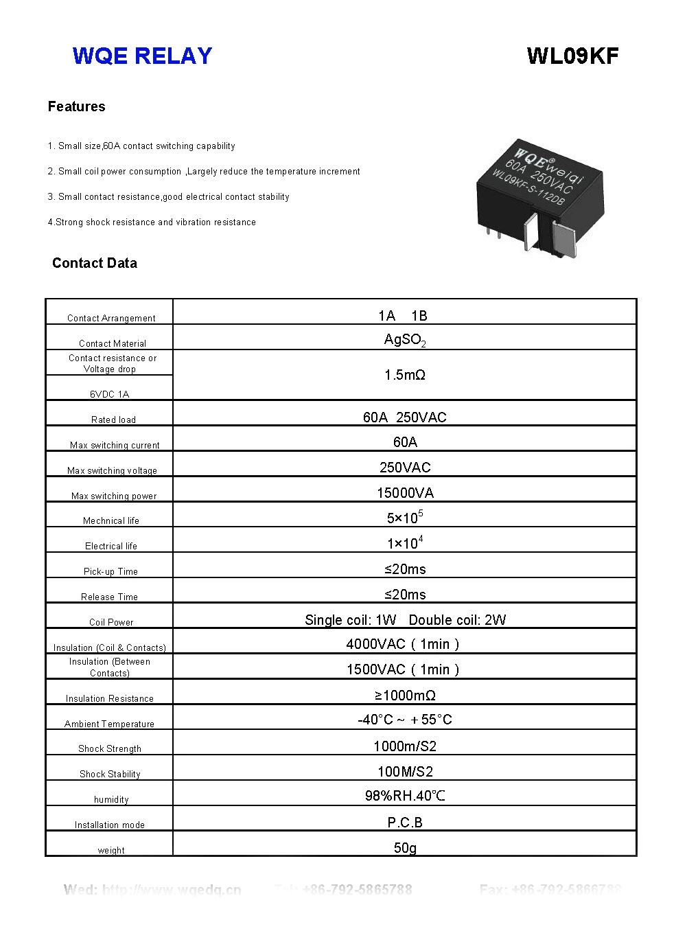 60A 250VAC Long Service Life Anti Vibration Compliant Magnetic Latching Relay Wl09kf 1A 1b Contact Form