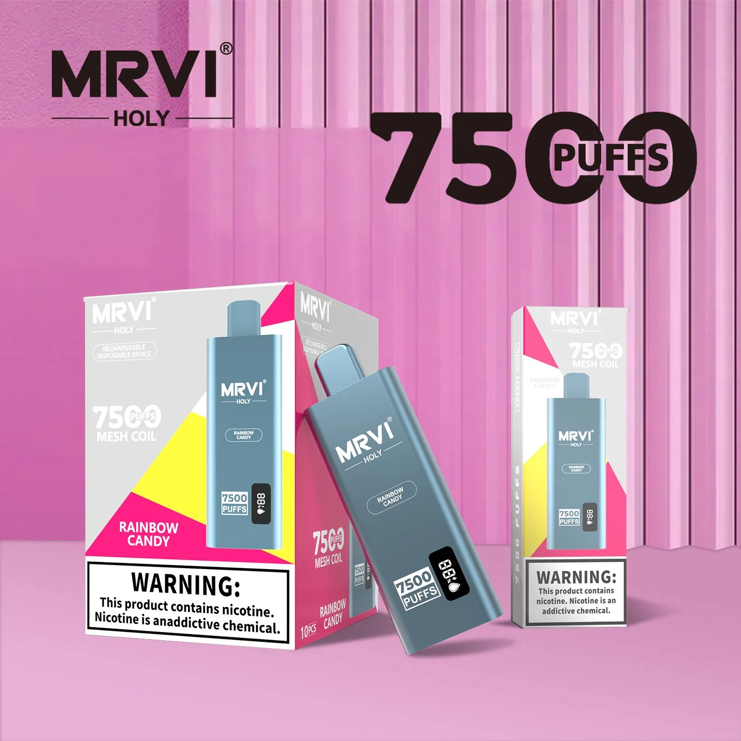 2023 Горячие продажи Mrvi Holy 7500 puffs E-Liquid &amp; Type-C. Перезаряжаемый аккумулятор Фансирующее светодиодное освещение одноразовое Ecig Оптовая цена