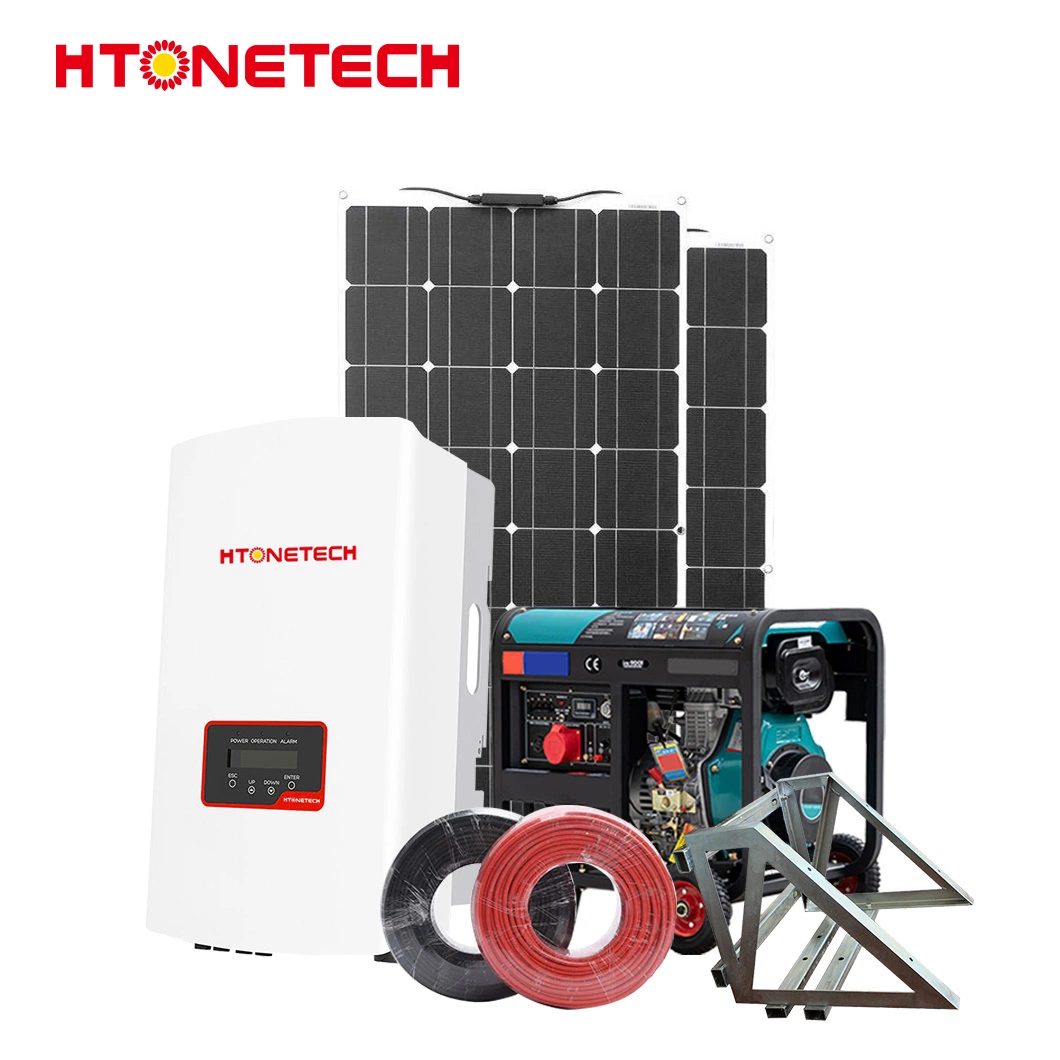 Htonetech Monocrystalline Flexible Full Black Solar Panel Solar Inverter off Grid China 20kw Solar Power System with 20kVA Diesel Generator Super Silent