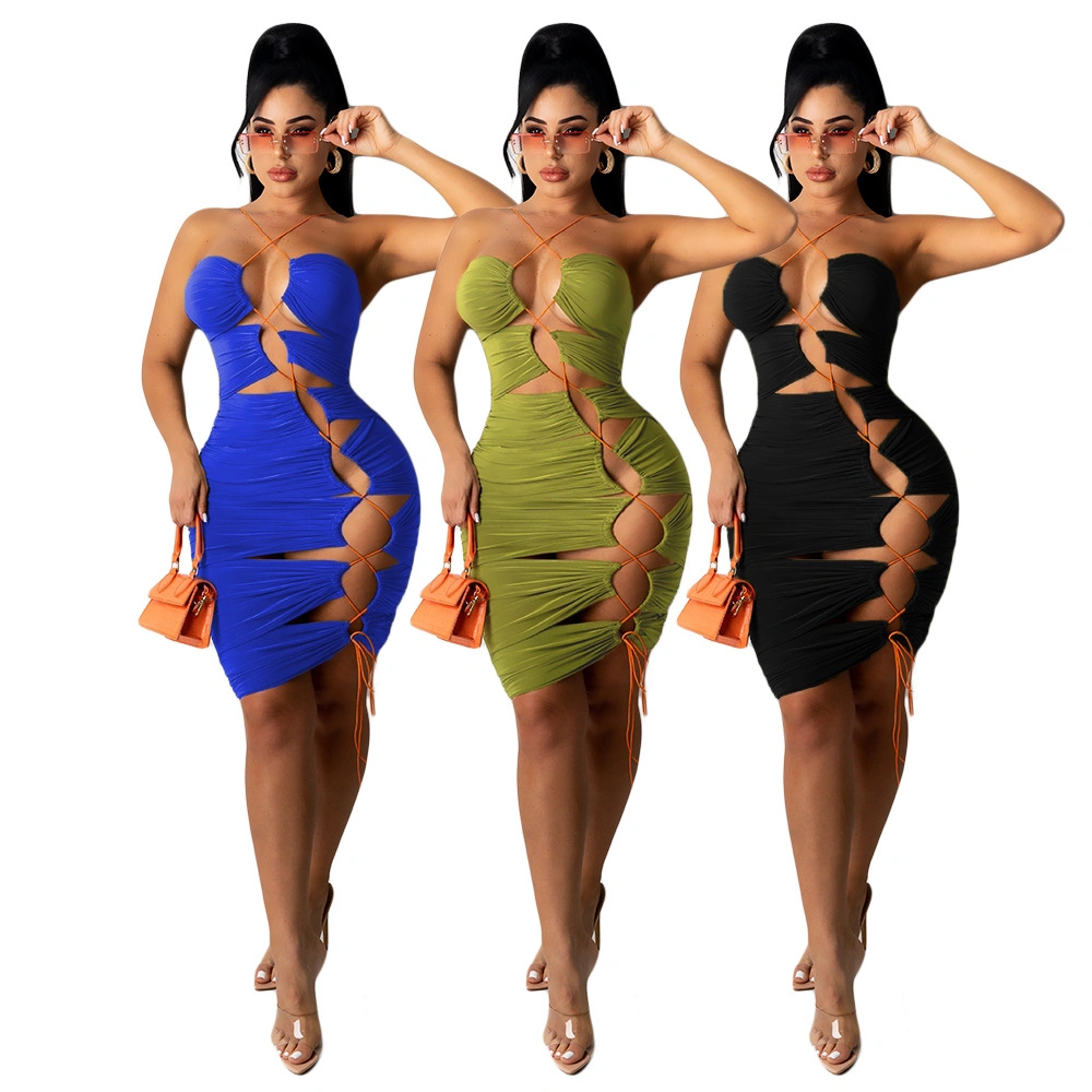Summer Dress 2023 Custom Logo Mini Womens Dresses Sleeveless Hollow out Lace up Bodycon Dress Beach Wear