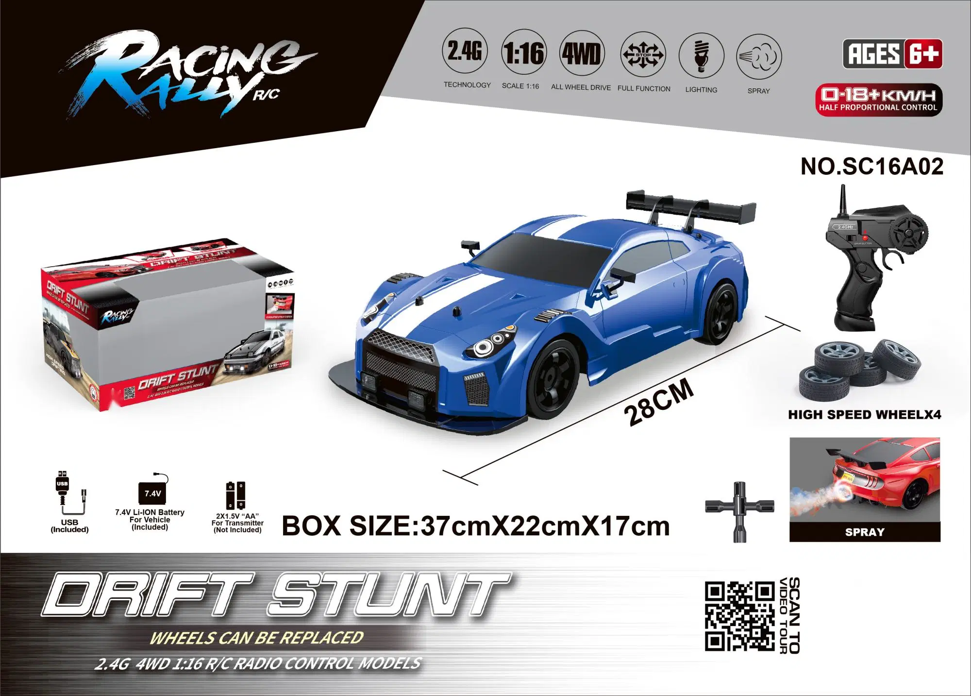 2022 New Product 1: 16 Simulation 4WD Drift Car Window Box 2.4GHz LED Lights Smoke Function Remote Control Distance of 35 Meters 4 Wheel Drive Drift Performance