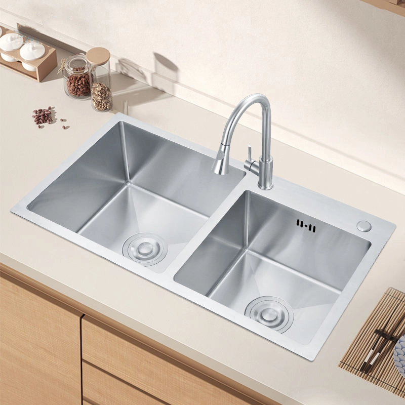 Topmountr Handmade Double Bowl 304 Stainless Steel Wash Basin Rectangular Kitchen Sink