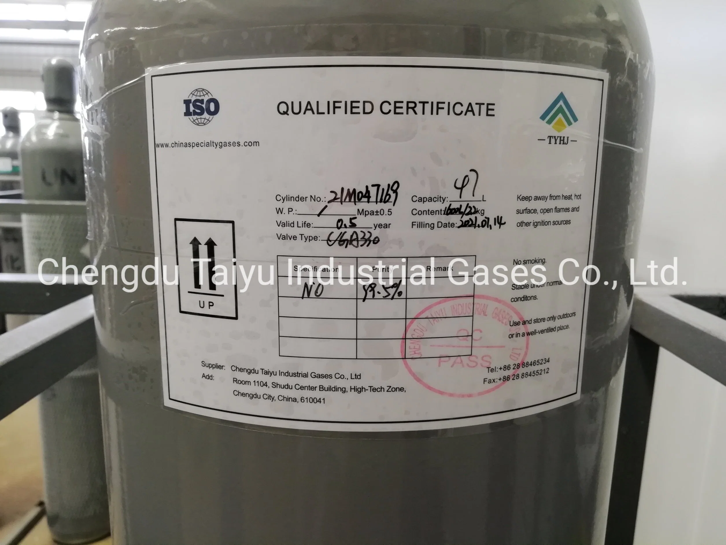 ISO Certificate High Purity Industrial Grade No Nitric Oixde Gas 99.9% 1400L/16L00L China Specialty Gas Price