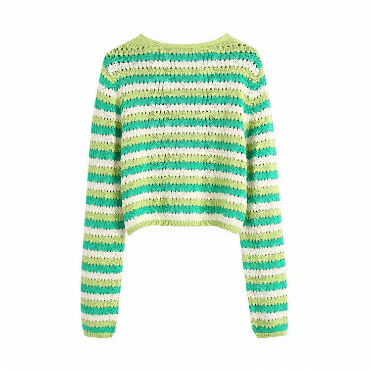 Custom Women V Neck Green Striped Color Cropped Eyelet de punto Cárdigan