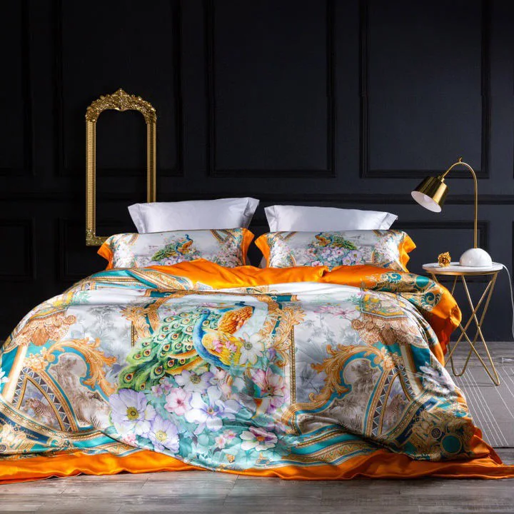 Top Luxury Orange Silk Printing Quilt capa seda Pillowcase King Folhas de tecido de alta qualidade para casa, 4 peças, ODM/OEM, instaladas na cama Conjunto de material de cama impresso Fornecedor