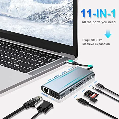 USB C Hub Adapter 11 in 1 Dongle with 4K HDMI VGA Type C Pd USB3.0 RJ45 Ethernet SD/TF Card Reader 3.5mm Aux Docking Station Compatible with MacBook Laptops