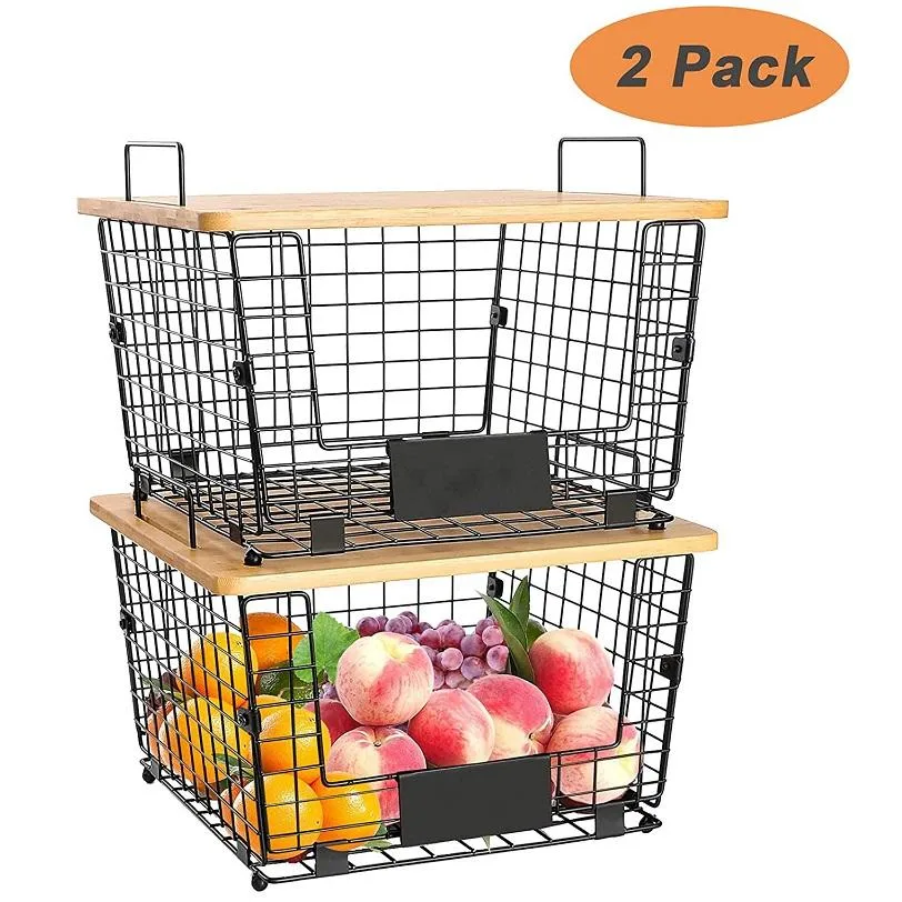 Foldable Countertop Wire Storage Basket Basket with Bamboo Wood Lid Metal Stacking Storage Wire Basket with Bamboo Top