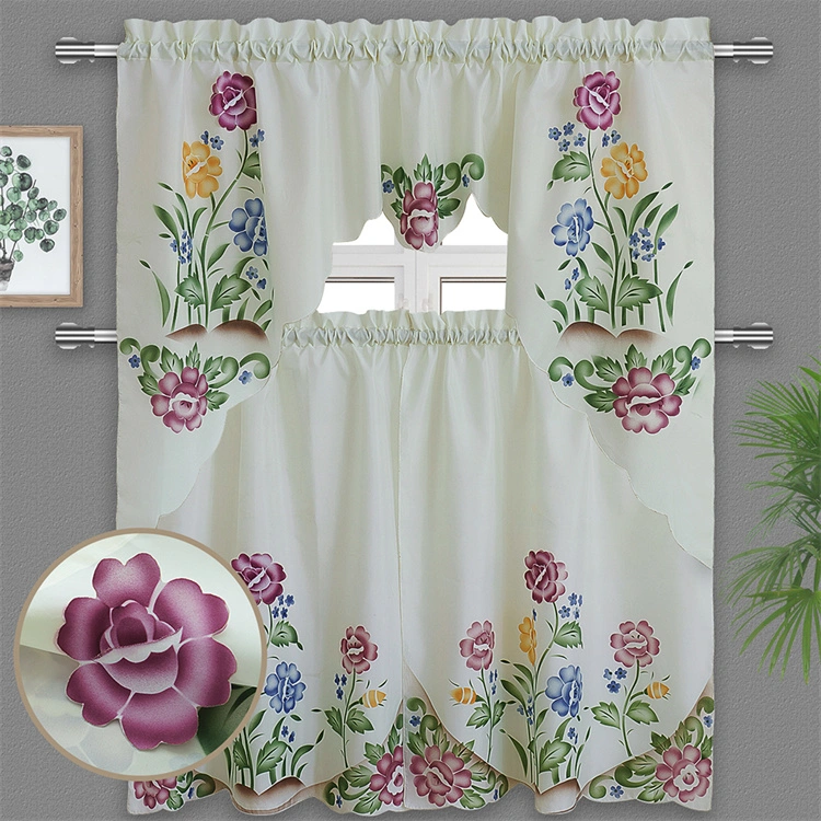 Cute Flower Printed Rod Pocket Swag Kitchen Curtains
