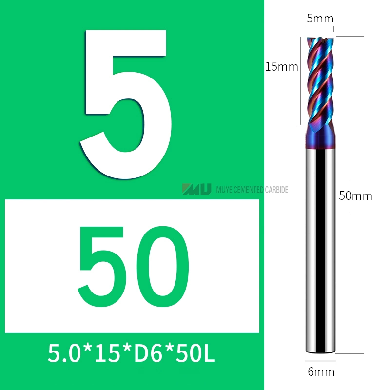 D5,0*15,0*6D*50L-4t HRC 50/55/65 fresas de carburo de carburo de metal plano/extremo cuadrado/radio de esquina/punta de globo/cortador de carburo de chaflán Fresadora para herramientas de fresadora CNC