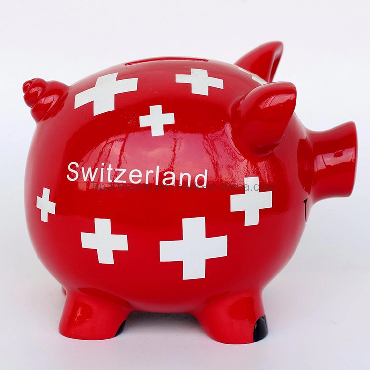 Customized Switzerland Glossy Red Color Resin Lovely Piggy Money Box