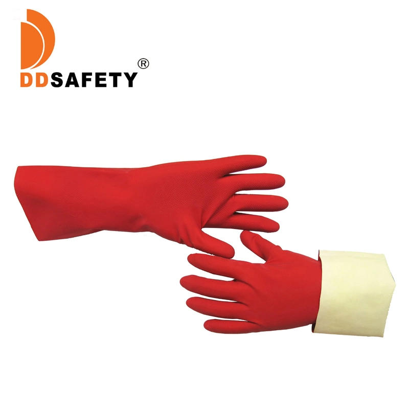 Custom Woman Red Latex Natural Rubber Household Dish-Washing Cleaning Glove Spray Flock Liner Gloves Diamond Grip Straight Cuff
