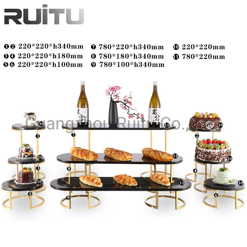 Hotel Food Display Equipment Unique Nice Catering Set up Combined Glass Serving Gold Stainless Steel Buffet Riser Event Cake Stands for Wedding Cakes