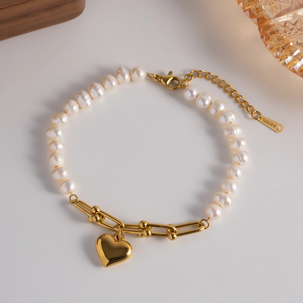 Fashion 18K Gold Plated Stainless Steel U Shaped Horseshoe Chain Link Pearl Heart Charm Bangles Bracelets Jewelry for Women