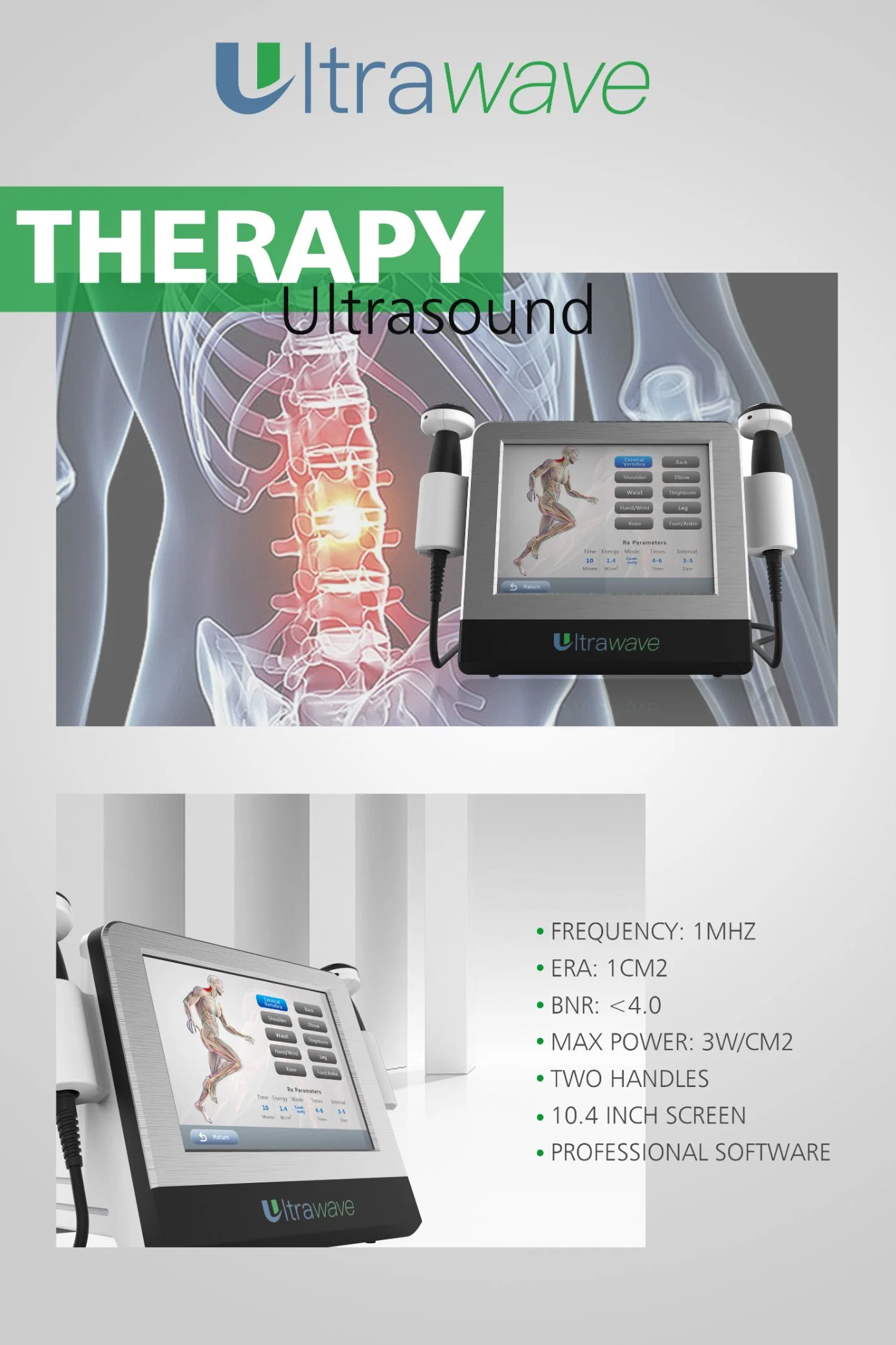 2023 novo Portátil 2 pegas Ultrasound Medical Equipment Ultrasound Therapy Fisioterapia por máquina