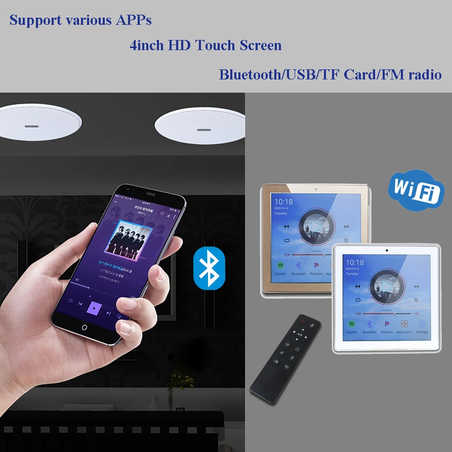 Android Home Audio System Touch Screen 2*25W Mini Wireless Digital Amplifier with Bluetooth WiFi SD Card with 4 Ceiling Speaker