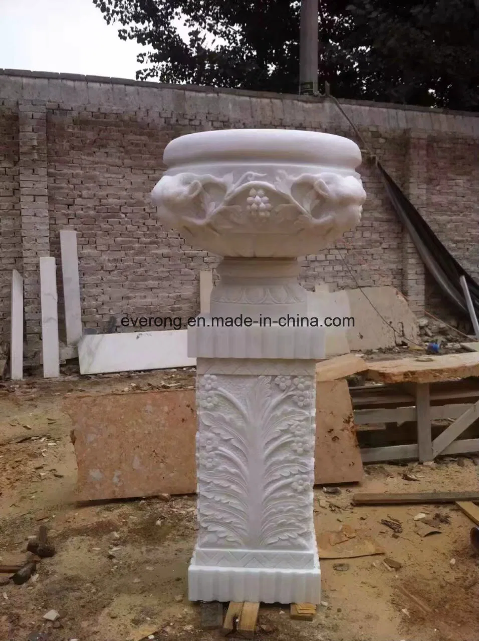 Stand Large Stone Marble Flower Pot Carving with Column Pillar Design for Outdoor Garden Deorative