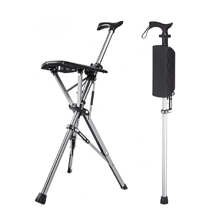 Portable Folding Cane Stool Handy Crutch Chair Seat 3 Legs Height Adjustable Thick Aluminum Telescopic Medical Walking Stick Unisex for Elderly