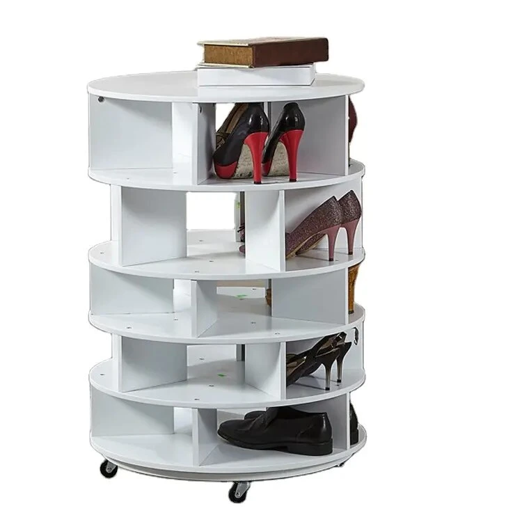 Home Hall Furniture White Wood Color MDF Wooden 360 Degrees Rotating Round Shoe Organizer Display Shoe Cabinet Rack with Wheels