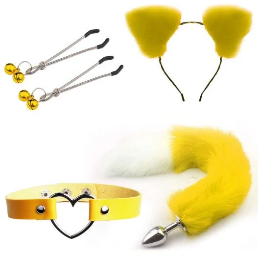 Amarillo y Blanco Fox Cosplay 3 PCS Set Cabello Clip Peludos Anal Tail Plug Fox Tailand Collar Choker Máscara Halloween Traje Cosplay