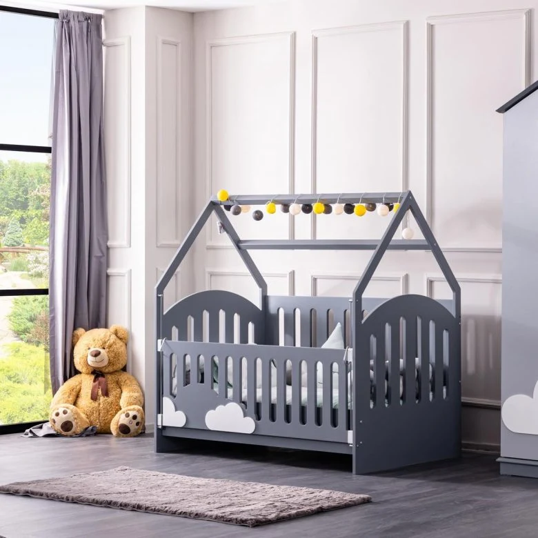 Nova Cloud Pattern Baby Furniture Gray Wooden Baby House Shaped Shaker Bed Children Bed Room Set