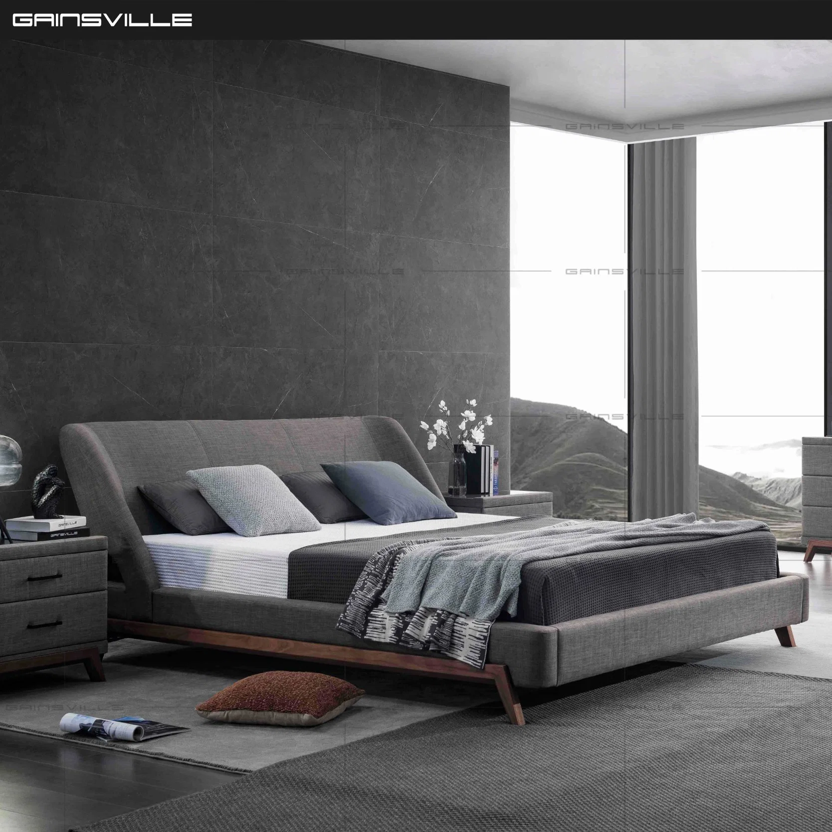 Cama King Size luxo moderno com cama com Nice folheado de madeira de nogueira pernas para Mobiliário doméstico