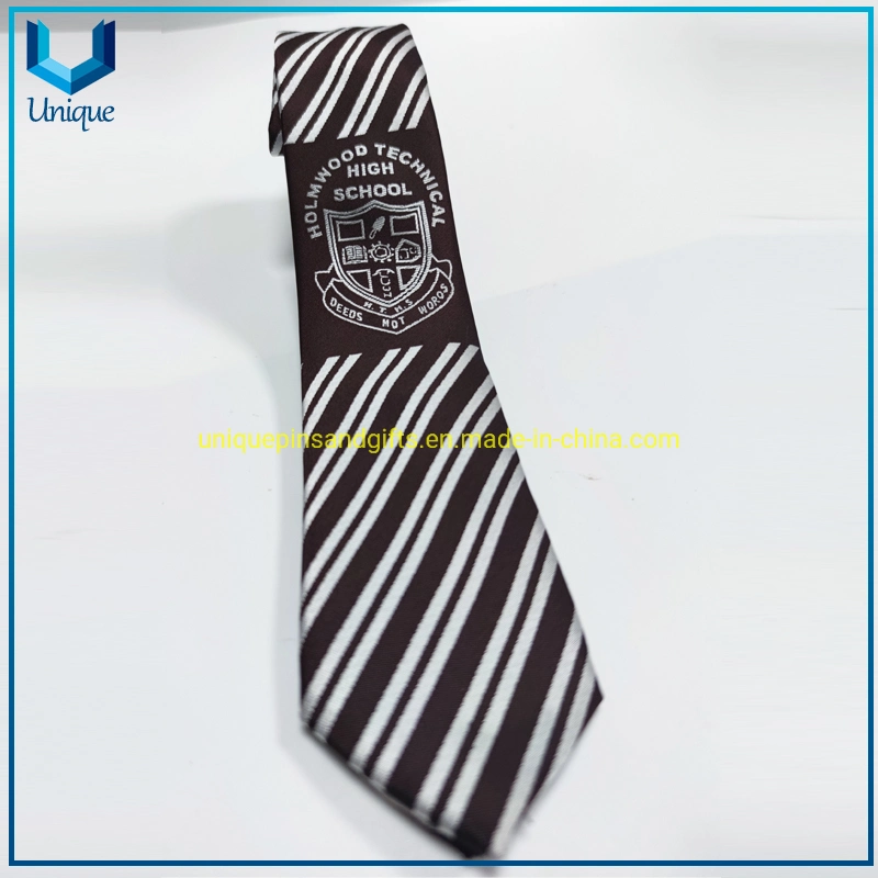 Navy Blue and Khaki Microfiber Striped Ties School Logo Embroidered Custom Tie