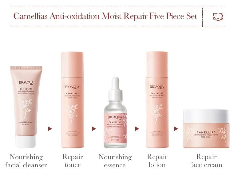 Cosmétiques Bio Meilleur produit de soins de la peau du visage de réapprovisionnement Set Camellia antioxydant Five-Piece de réparation d'humidité ensemble Soins de la peau