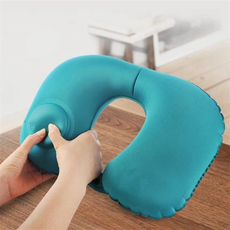 Custom Logo U-Shape Travel Pillow Automatic Air Inflatable Airplane Car Pillows Ring Pillow Folding Press Type Bed Pillows Neck Cushion