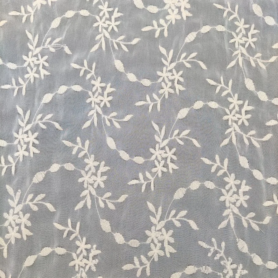 Polyester Chiffon White Leaf Flower Embroidery Fabric for Garment Fabric Dclothes