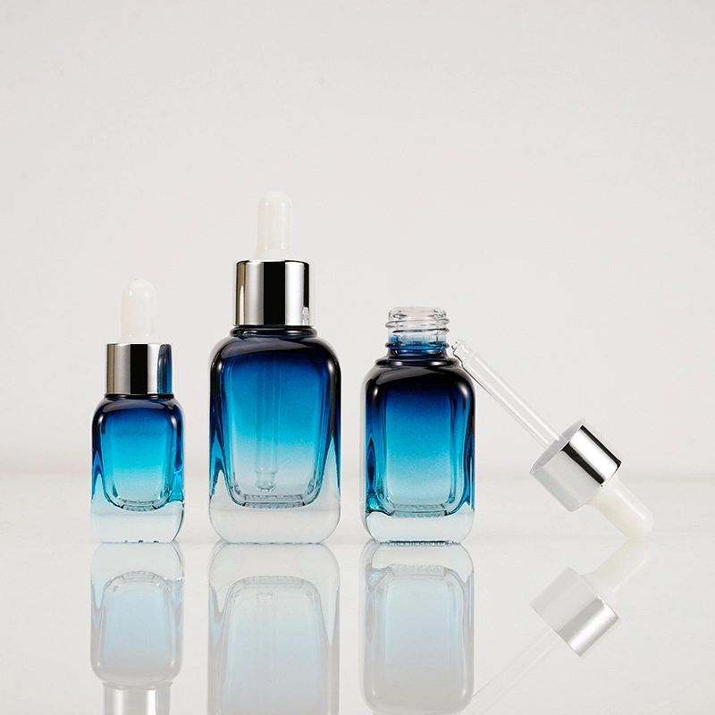 10ml 30ml 40ml Luxury Blue Square Cosmetic Packaging Glass Liquid Foundation Serum Dropper Bottle