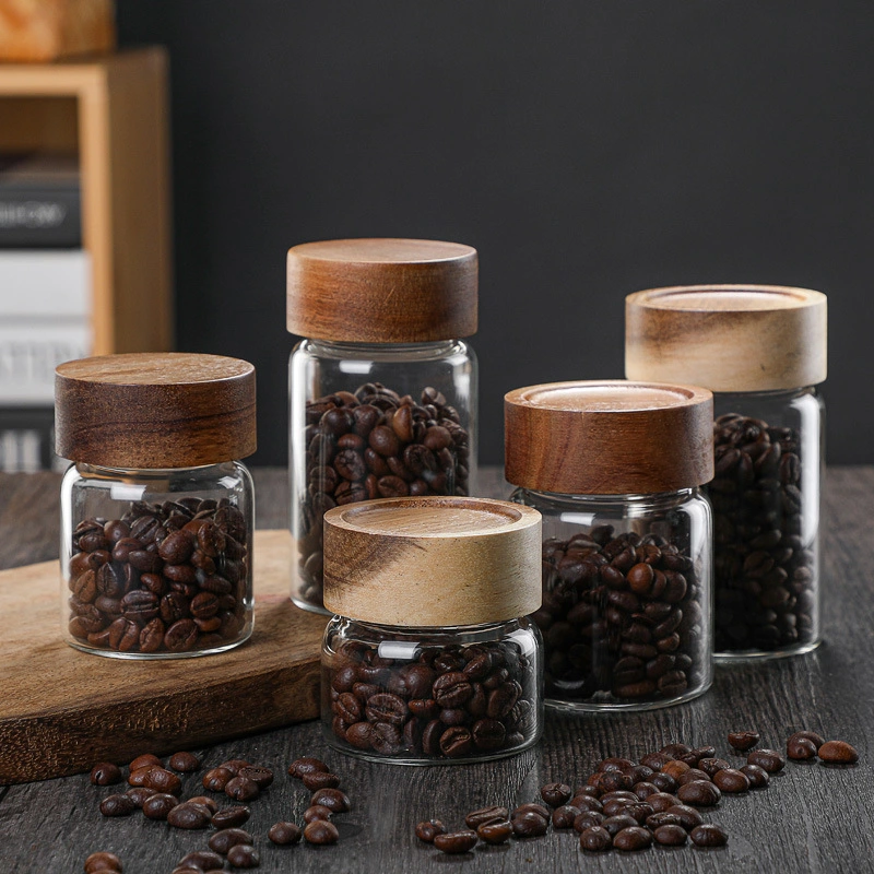 Glassware with Wooden Lid Glass Mason Jars/Airtight Glass Storage Jar with Screw Wood Acacia Lid