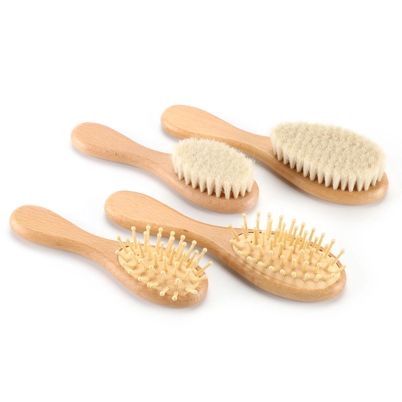 Commerce de gros poils de chèvre doux naturel Socle en bois et le peigne Brosse brosse bébé fixés pour les nouveau-nés Toddler