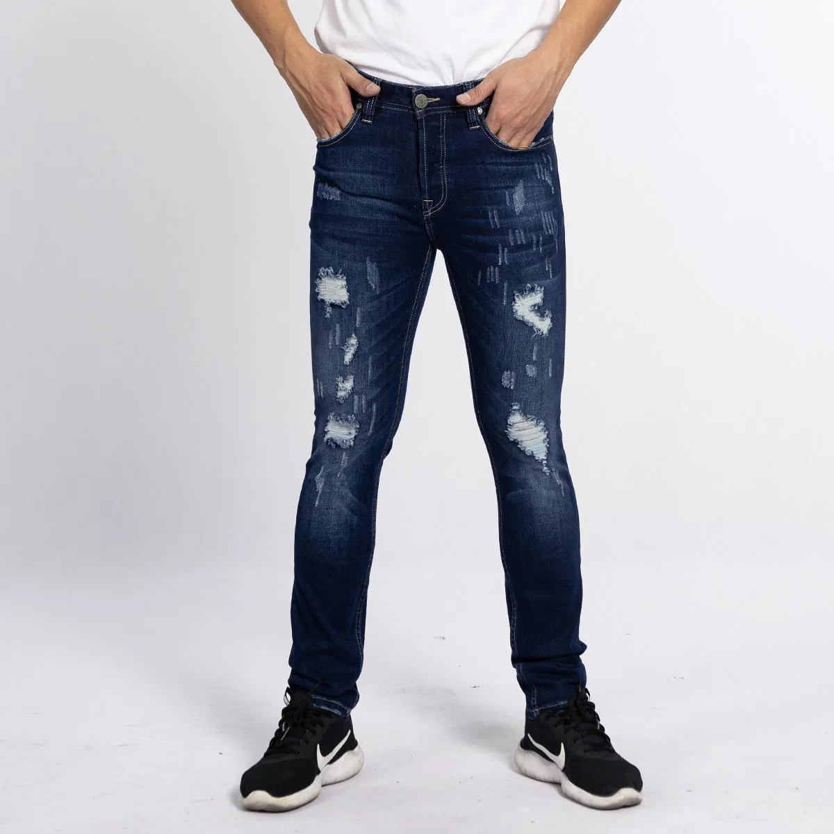 Custom Spring Dark Blue Rip Design Fashionable Regular Fit Men Jeans