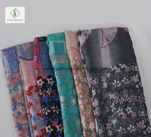 Fashion Lady Voile Scarves Multicolor Cotton Flower Printed Scarf Factory