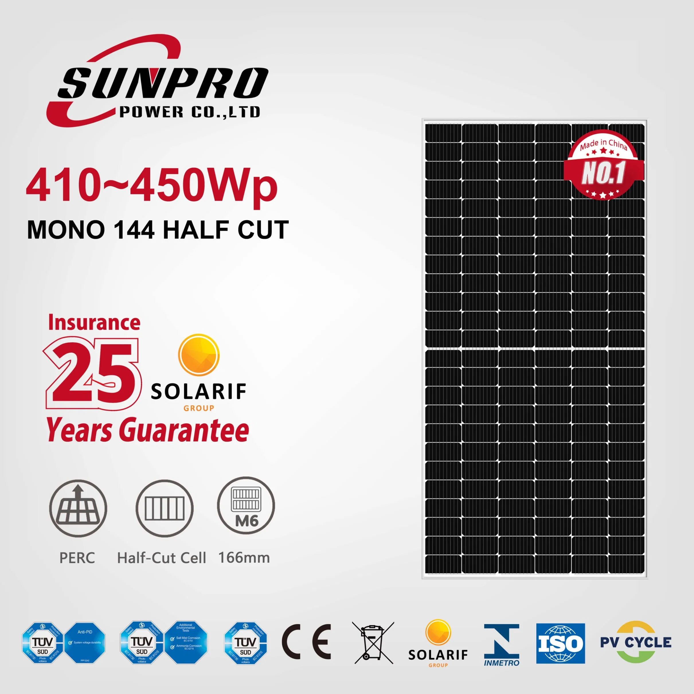 Potência Sunpro 430W 435W 440W 445W 450W constituídos Half-Cut Perc 166 M6 9BB Painéis Solares PV de alimentação de energia