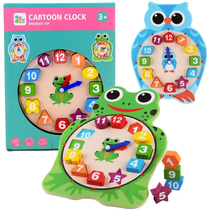 Cartoon Animal Digital Clock Toy Wooden Puzzle Frog Shape Kindergarten Children Teaching Kids Toy