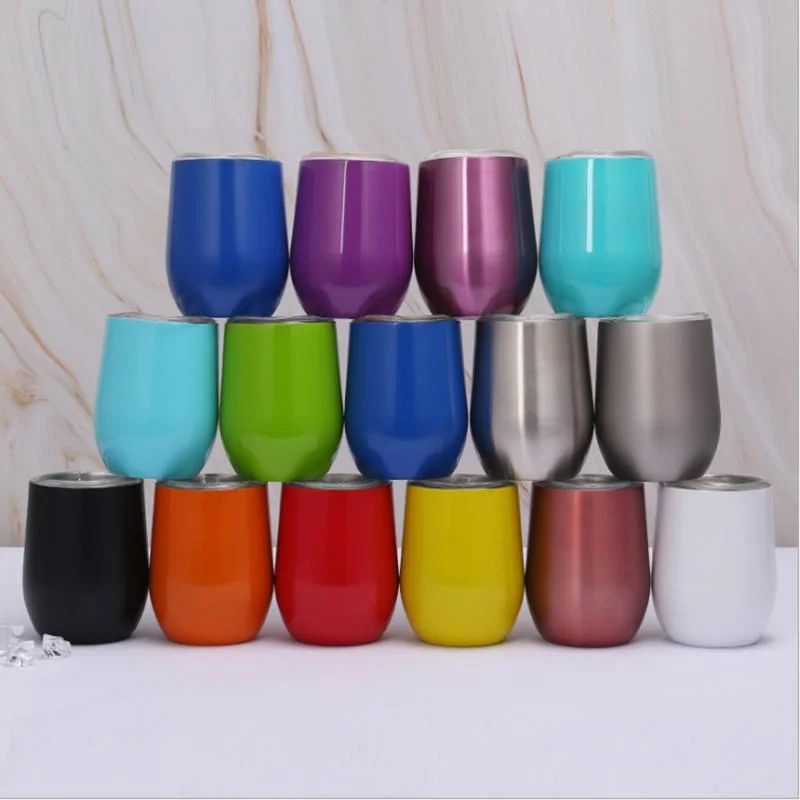 12oz White Sublimation Double Wall Stainless Steel Insulated Wine Tumbler Cup Stemless Egg Shape Wine Glass with Lids