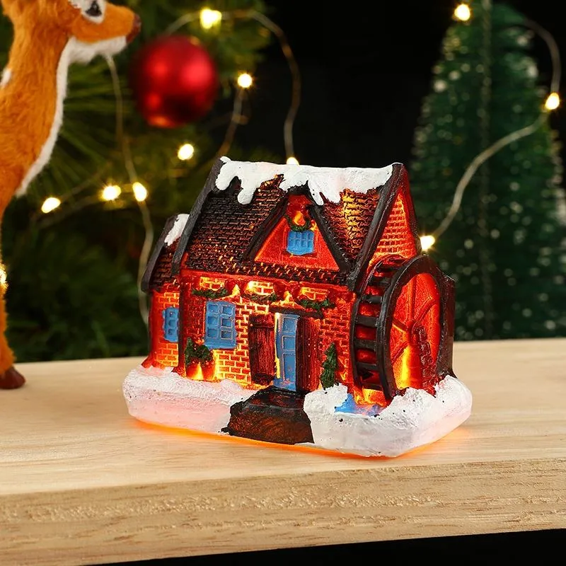 Décorations de Noël en résine en forme de maison d'intérieur, lumières de Noël alimentées par batterie, lumières de Noël décoratives pour les vacances.