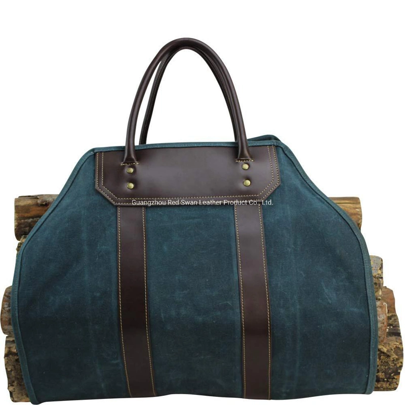 Heavy Duty Blue Waxed Canvas Large Handbag for Camping, Winter Transport Wood, Logging Storage Bag with Padded Leather Handle