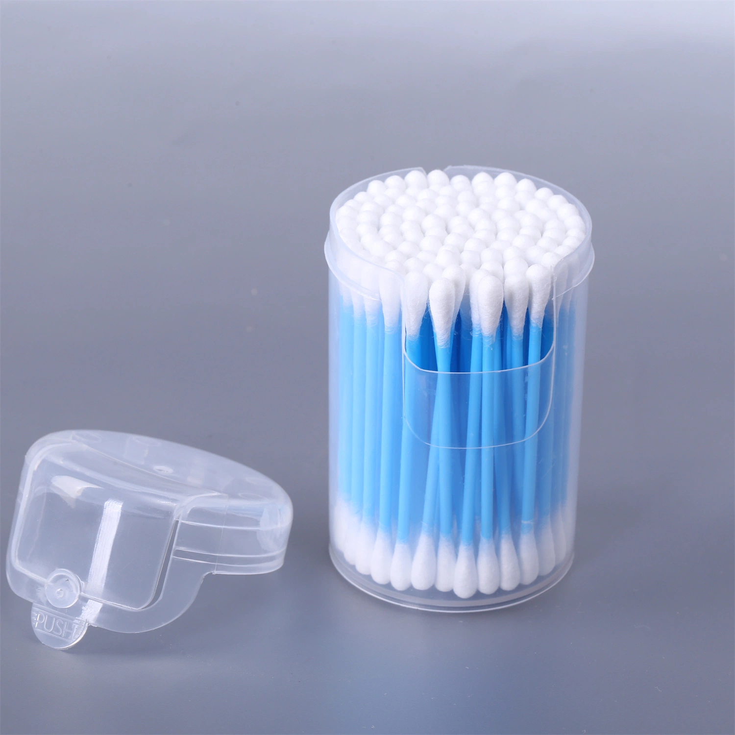 OEM Ear Cleaning Plastic Square Jar Flip Lid 100PCS Rose Pink Blue Cotton Swabs