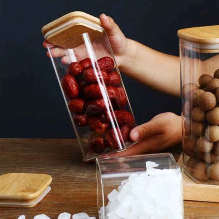 Bocal de rangement en verre borosilicate de gros avec couvercle en bambou. Bocaux de rangement en verre avec couvercle en bois. Contenants de rangement alimentaires.