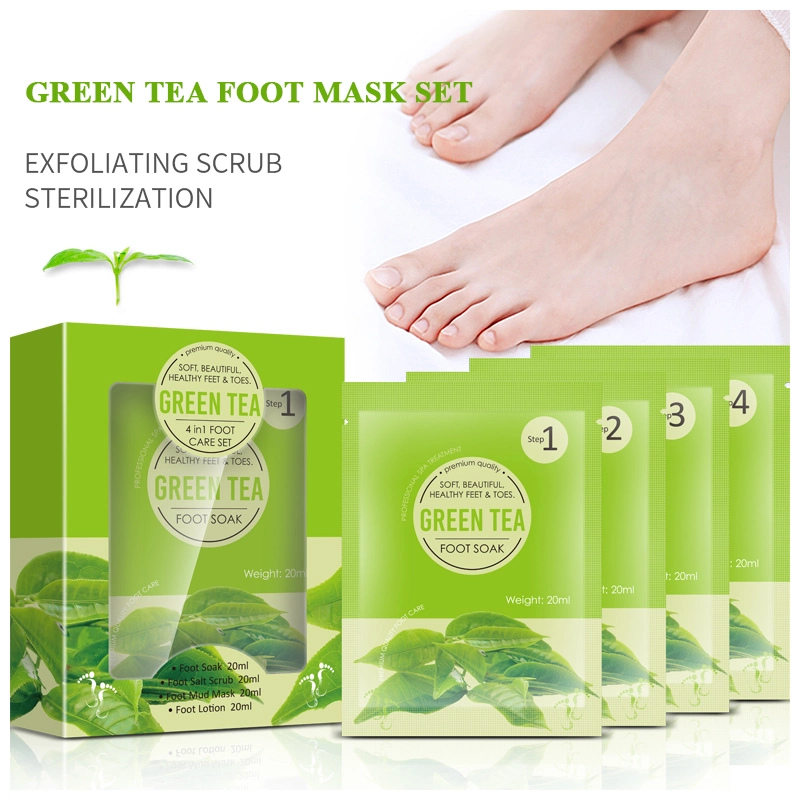 Factory Price 4 in 1 Feet Scrub Green Tea Pedicure Peeling off Skin Care Set Moisturizing Exfoliating Foot Soak Salt